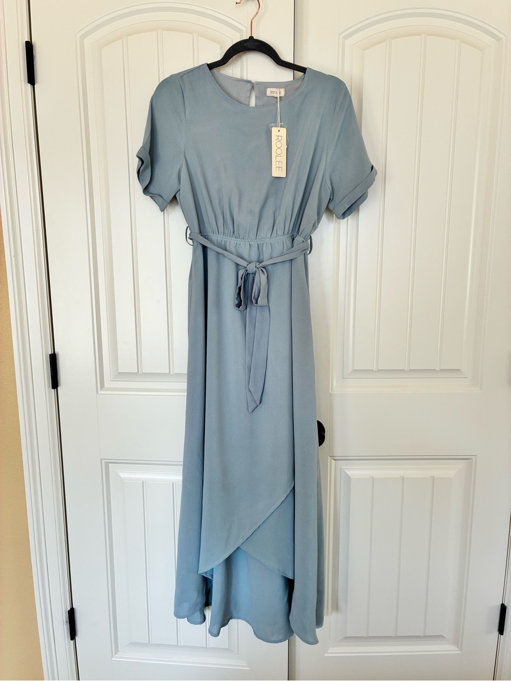 Roolee Sky Blue Wrap Midi Dress with Tie Waist Size Medium